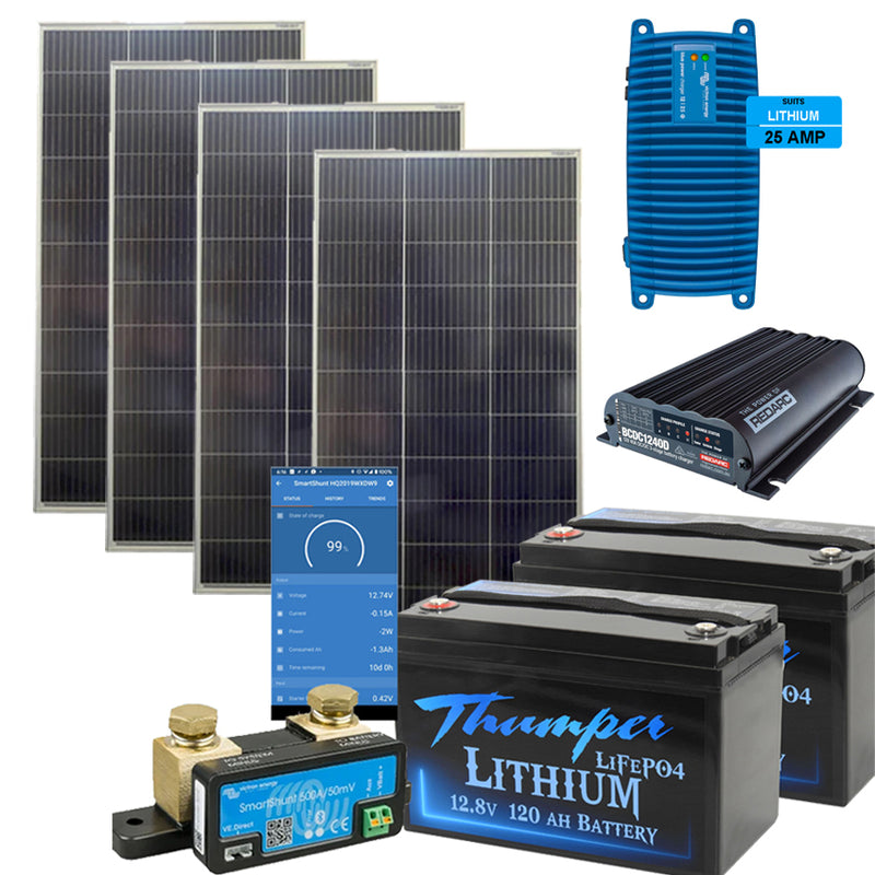 640w Solar 240AH Thumper Lithium LiFePO4 battery Victron Smart Shunt & 25 Amp Charger + REDARC 40Amp BCDC1240D