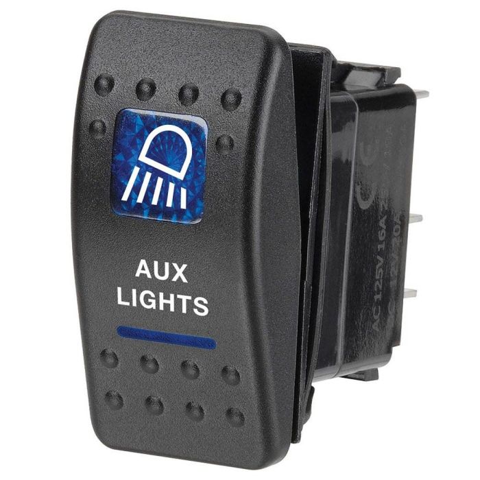 Narva "12 Volt Illuminated Off/On Sealed Rocker Switch with ""Aux Lights"" Symbol (Blue)" | 63144BL - Home of 12 Volt Online