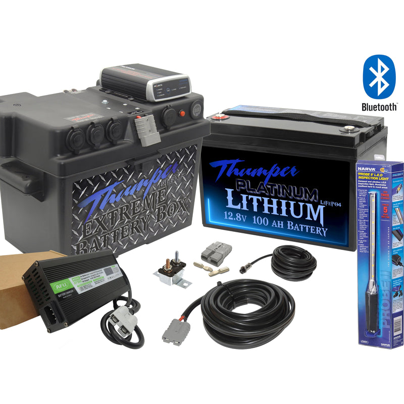 Thumper Lithium Package DC Battery Box 100 AH LiFePO4 240v charger and Narva light