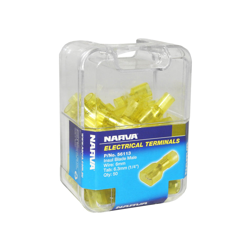 Narva Fully Insulated - 6.3 X 0.8MM Male Blade Terminal - Yellow (50 pack) | 56113 - Home of 12 Volt Online