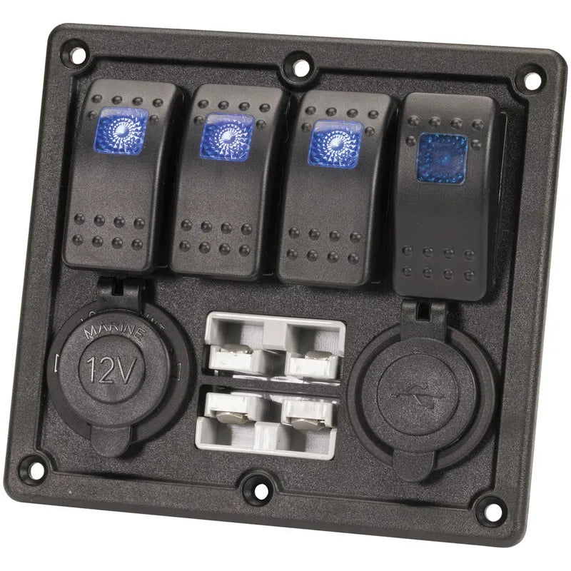 4 Way Illuminated Switch Panel With USB, 2 x Anderson Connectors