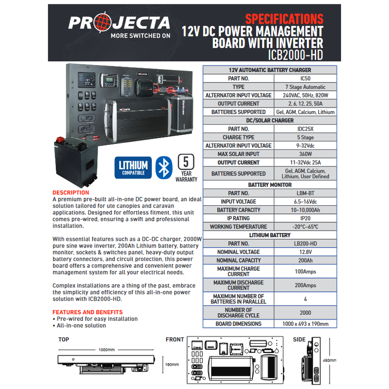 Projecta 12 Volt DC Power Management Board 4WD Canopy Includes IDC25X & IP2000 & 200AH Lithium | ICB2000-HD - Home of 12 Volt Online