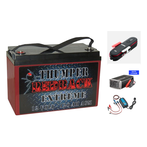 AGM Extreme Deep Cycle 120AH Battery Plus 10 Amp 240 Volt Battery Charger Options