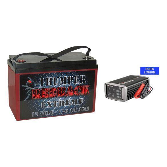 AGM Extreme Deep Cycle 120AH Battery Plus 10 Amp 240 Volt Battery Charger Options