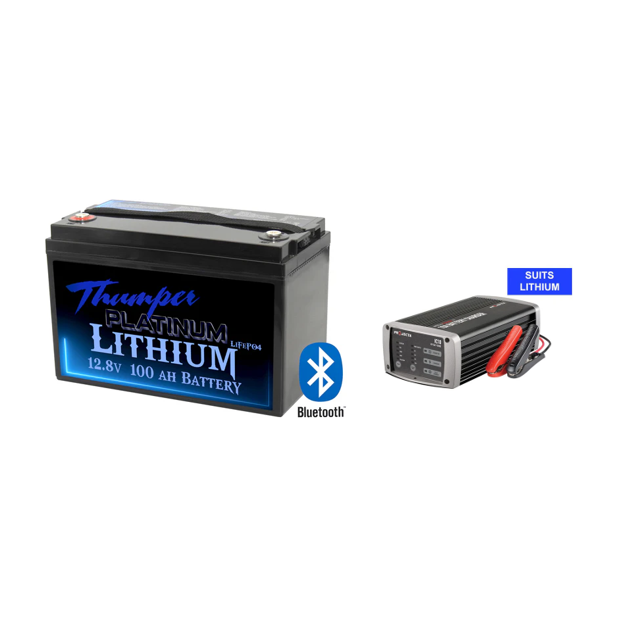 Deep Cycle Lithium 100AH Battery Plus 10 Amp 240 Volt Battery Charger Options