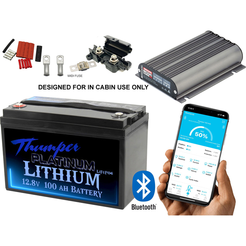 Thumper Lithium 100 AH Bluetooth & REDARC Core 40A BCDCN1240 DC-DC & MIDI Fuse, Lugs & Heatshrink