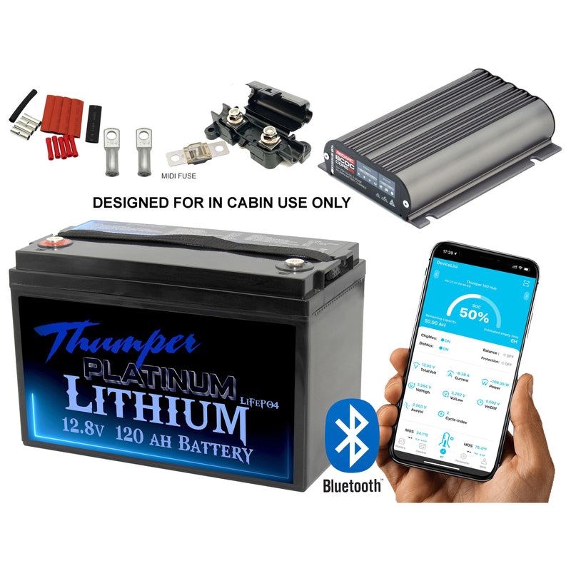 Thumper Lithium 120 AH Bluetooth & REDARC Core BCDCN1225 25Amp DC-DC & MIDI Fuse, Lugs & Heatshrink