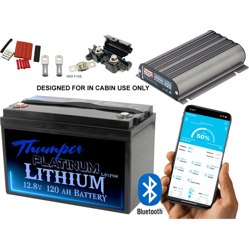 Thumper Lithium 120 AH LiFePO4 Battery + REDARC Core BCDCN1240 40 Amp DC Charger + Fuses Lugs and Heatshrink