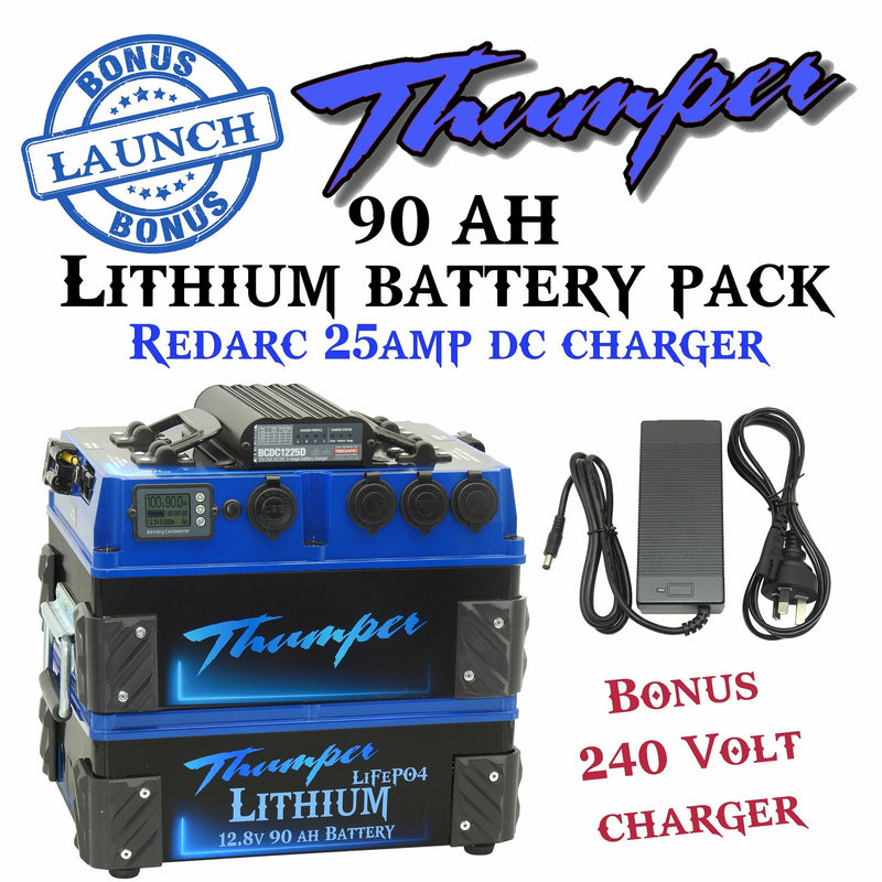 Thumper Lithium portable battery pack REDARC DC charger suits variable smart alternators. Fridge battery slim line