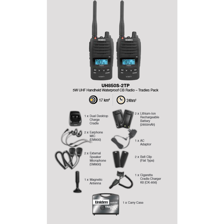 Uniden Watt UHF Waterproof CB Handheld – Tradies Pack UH850S-2TP Home  of 12 Volt Online